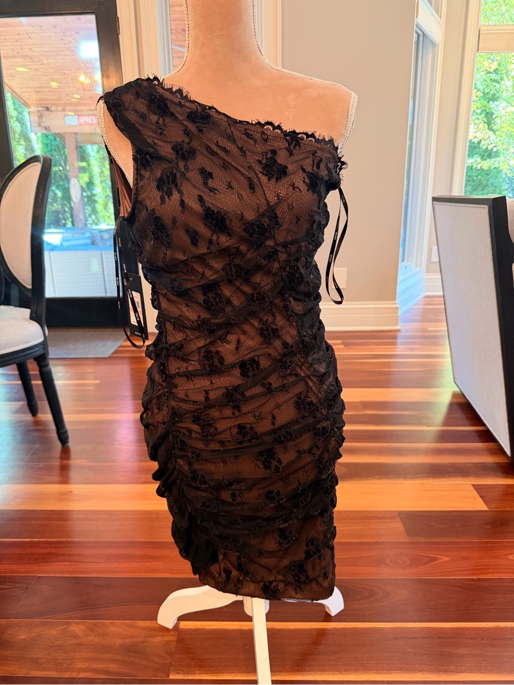 BCBG Black One-Shoulder Ruched Lace Cocktail Dress